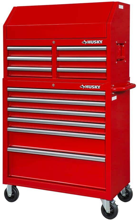 Husky 36 in. W x 18 in. D Heavy Duty 12-Drawer Combination Rolling Tool Chest and Top Tool Cabinet Set in Gloss Red