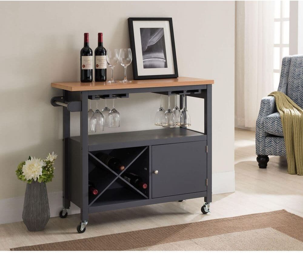 Signature Home SignatureHome Cleora Grey Wood Movable Kitchen Island Serving Cart, Storage Cabinet & Wine Rack, Size:36"Wx16"Lx33"H