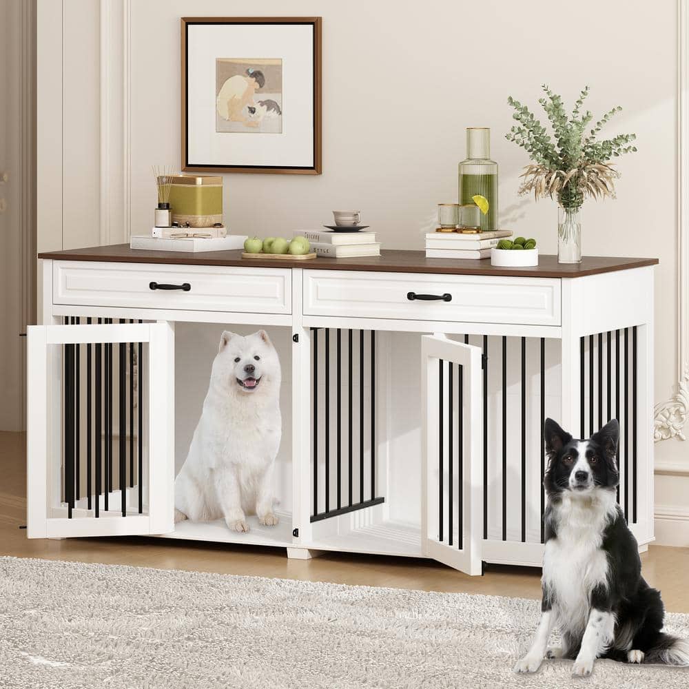 FUFU&GAGA White Wood 64.6 in. W Accent Storage Cabinet with 2-Drawer, Dog Crates Cage Furniture for Small, Medium Dog