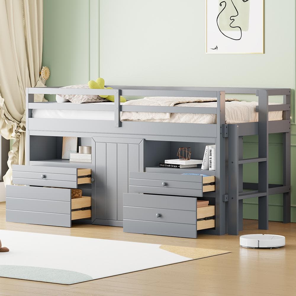 Harper & Bright Designs Gray Wood Frame Twin Size Loft Bed with 4 Drawers, Underneath Cabinet, Storage Shelves, Full-Length Bedrails