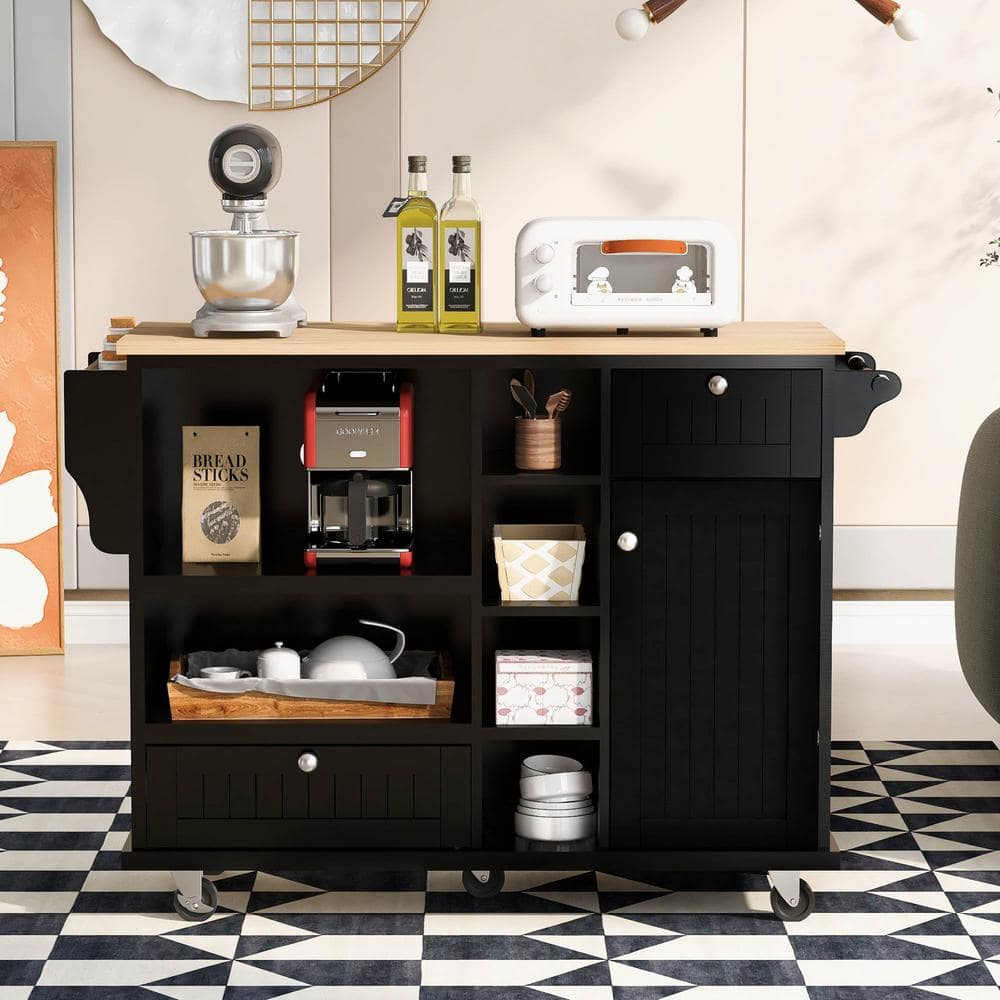 Polibi Black Kitchen Island Cart with Wood Desktop, Microwave Cabinet, Floor Standing Buffet Server Sideboard