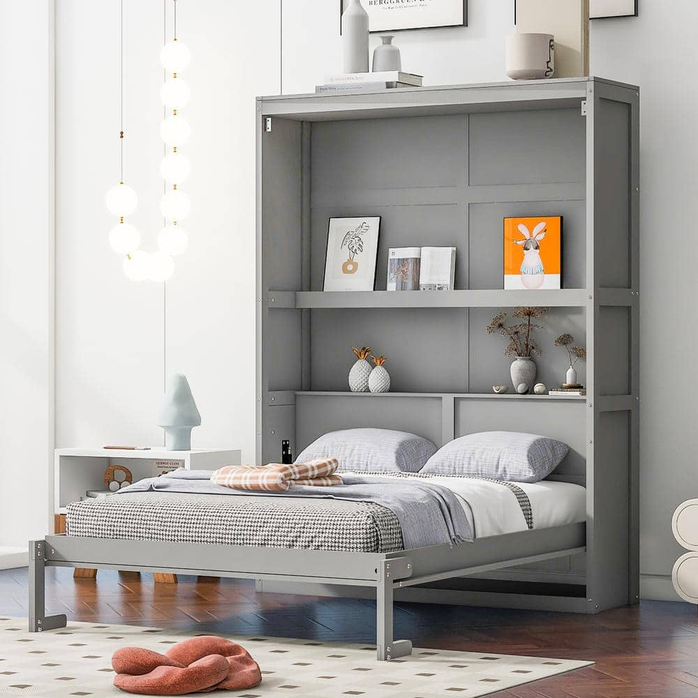 Harper & Bright Designs Gray Wood Frame Full Size Murphy Bed, Wall Bed with Shelves, Folded into a Cabinet