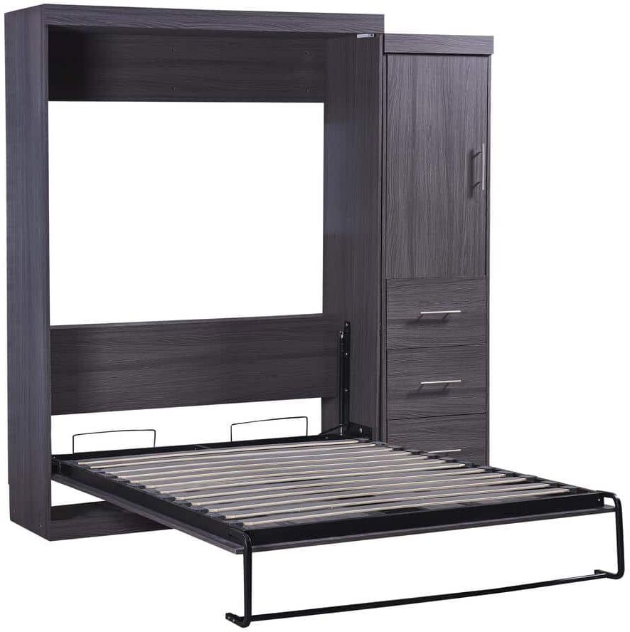 Angel Sar Gray Wood Frame Full Murphy Bed with Wardrobe and 3-Storage Drawers Storage Bed Can be Folded into a Cabinet