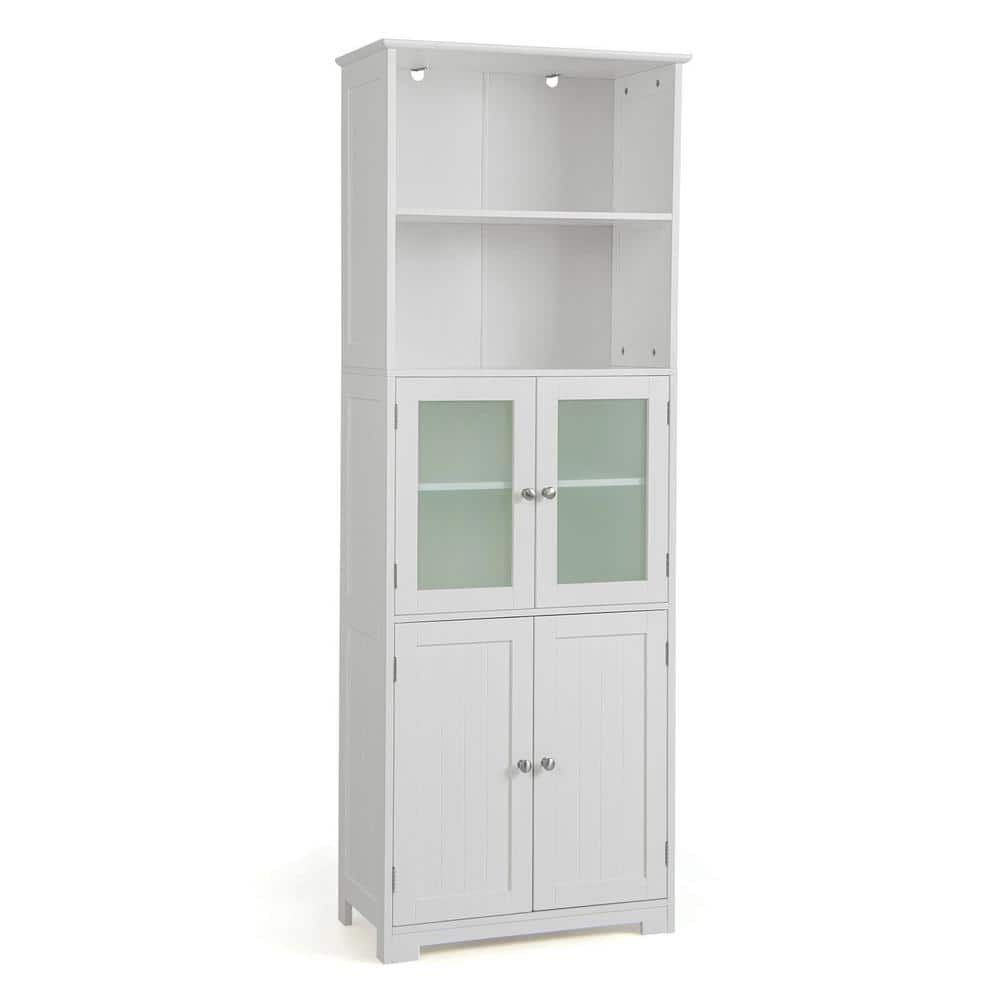 ANGELES HOME 64 in. H White Freestanding Kitchen Hutch Pantry Organizer Storage Cabinet Cupboard with Microwave Oven Countertop