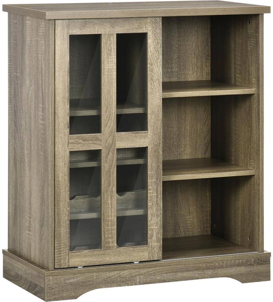 HOMCOM Grey Modern Buffet Cabinet, Kitchen Sideboard with Wine Racks, Sliding Glass Door, Storage Shelves for Living Room