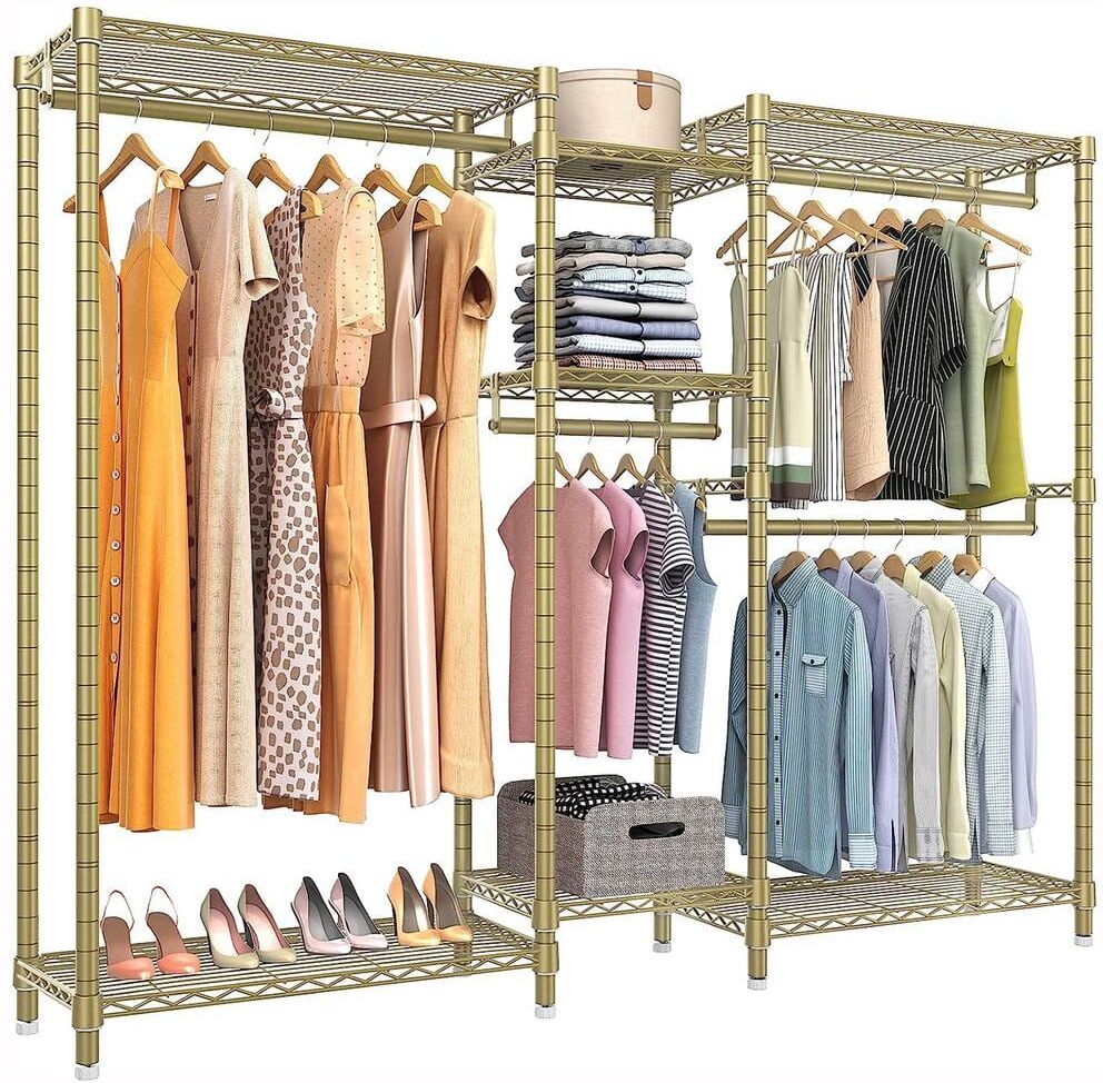 Gold Metal Garment Clothes Rack with Shelves 74.4 in. W x 76.8 in. H