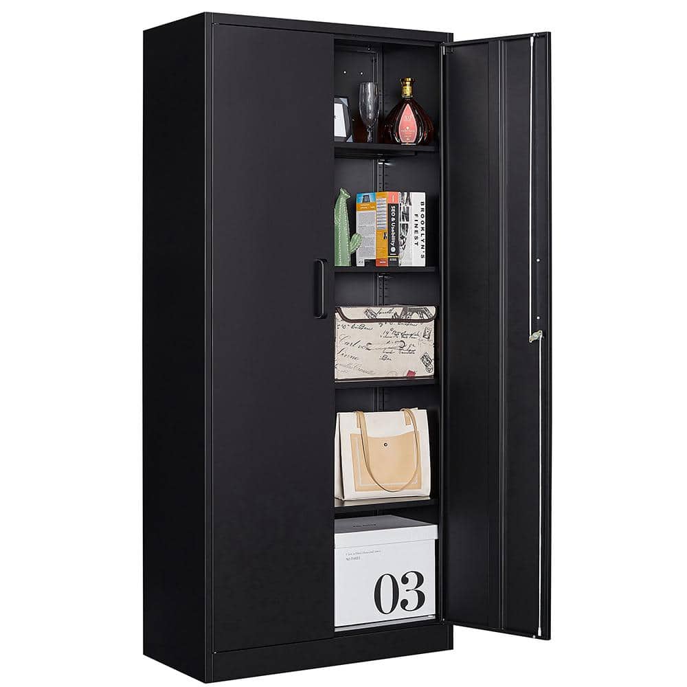 Mlezan Garage Storage Cabinet 15.74"D x 31.5"W x 71"H in Black cabinet with 4 shelves and 2 doors.