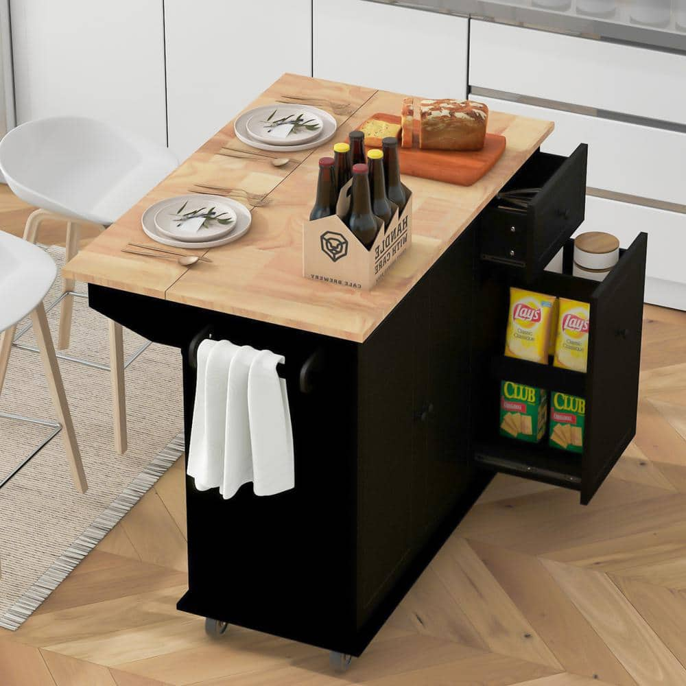 Black Rubberwood Drop Leaf 54 in. Kitchen Island Cart with 3-Tier Pull Out Cabinet Organizer and Internal Storage Rack