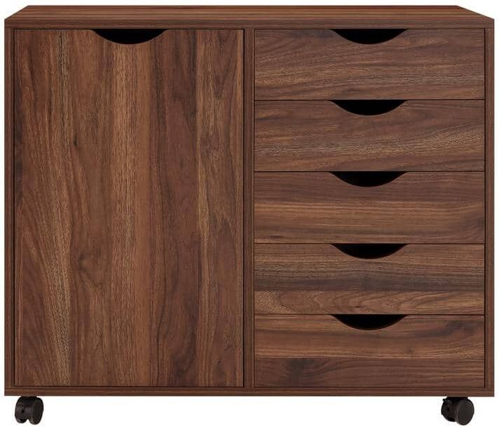 MAYKOOSH Brown Oak 5 Drawer with Shelf 30.7 in W x 15.7 in D x 26.3 in H Wooden File Cabinets Vertical File Cabinet