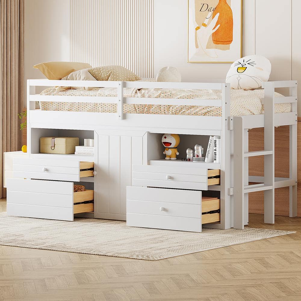 Harper & Bright Designs White Wood Frame Twin Size Loft Bed with 4 Drawers, Underneath Cabinet, Storage Shelves, Full-Length Bedrails