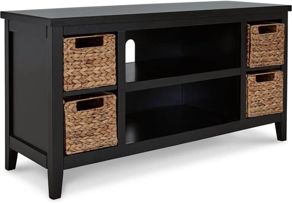 Benjara 47.13 in. Black and Brown Wood TV Stand Fits TVs up to 50 Inch in. with Open Shelf and 4 Baskets