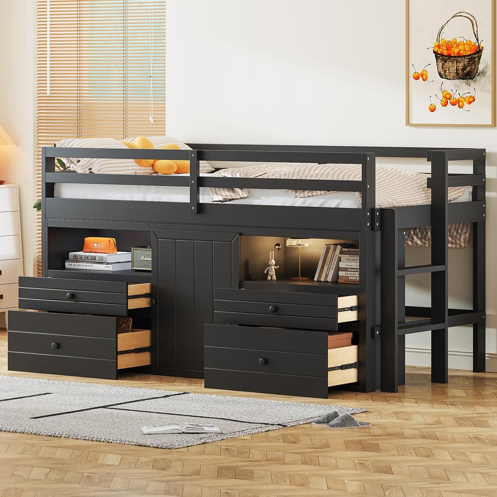 Harper & Bright Designs Espresso Wood Frame Twin Size Loft Bed with 4 Drawers, Underneath Cabinet, Storage Shelves, Full-Length Bedrails