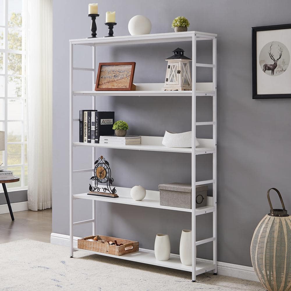 URTR Industrial 47 in. W White 5-Tier Bookshelf, Home Office Bookcase Open Bookshelf Display Shelving Units