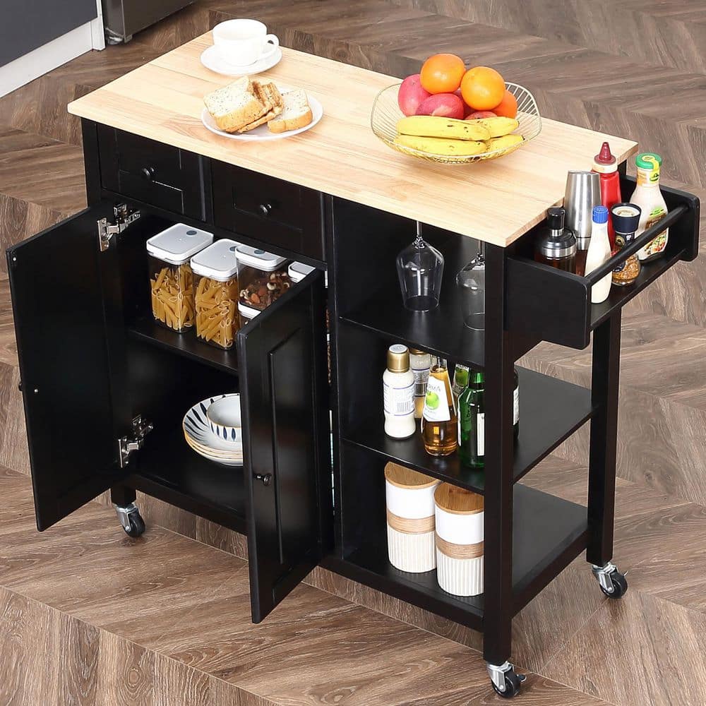 Black Kitchen Island on Wheels Kitchen Cart with Cabinet 3-Layer Shelves Wood Countertop Mobile Storage Islands