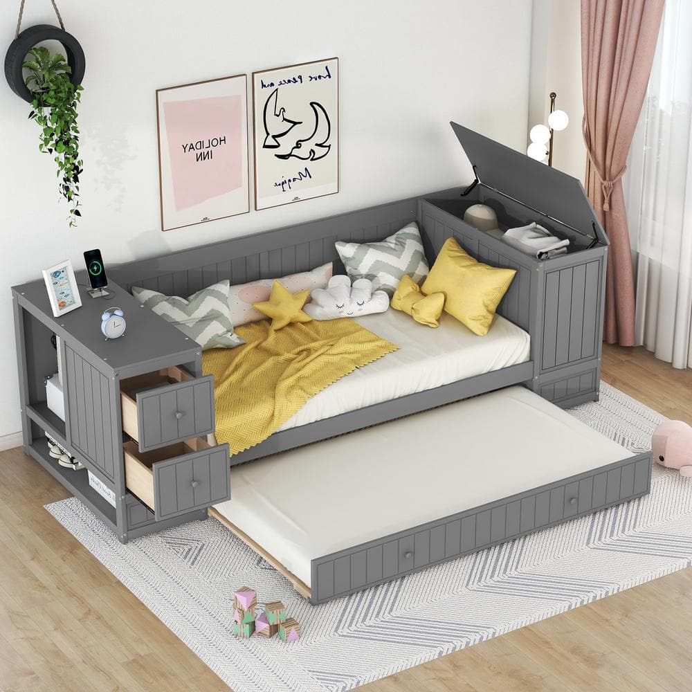 Harper & Bright Designs Gray Twin Size Wood Daybed with Trundle, 2-Drawer, Flip-Top Storage Box, Cabinet, Open Compartments, Charging Station