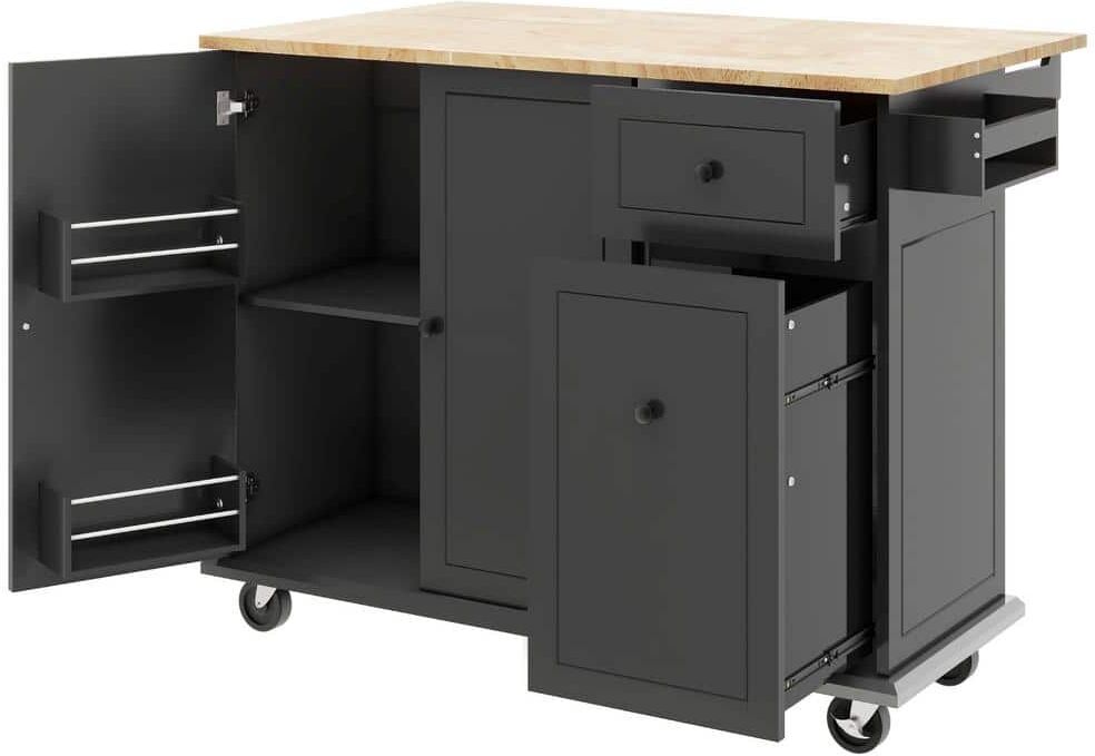 Harper & Bright Designs Black Kitchen Cart with Drop-Leaf, Cabinet Door Internal Storage Racks, 3-Tier Pull-Out Cabinet Organizer, 5 Wheels