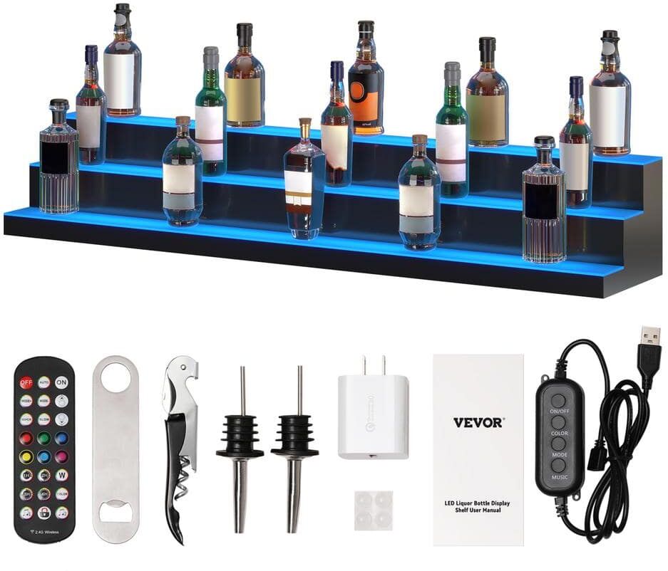 VEVOR 54-Bottles LED Lighted Liquor Bottle Display 60 in. Illuminated Home Bar Shelf 7-Static Colors Acrylic Wine Racks