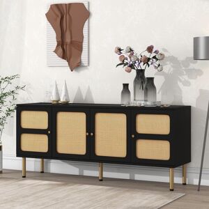 Harper & Bright Designs Black Boho Style MDF 64.9 in. Sideboard with Adjustable Shelves, Rattan Door and Gold Metal Base