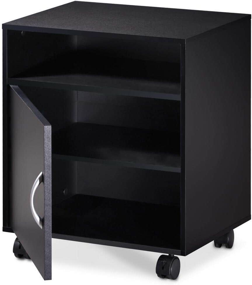 FITUEYES Printer Stand with Adjustable Storage Shelves, Mobile Black Wood Work Cart on Wheels for Home Office