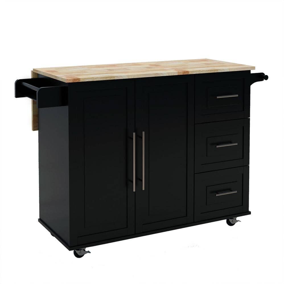 Black Rolling Kitchen Island, Storage Kitchen Cart with Rubberwood Top, 3-Drawers