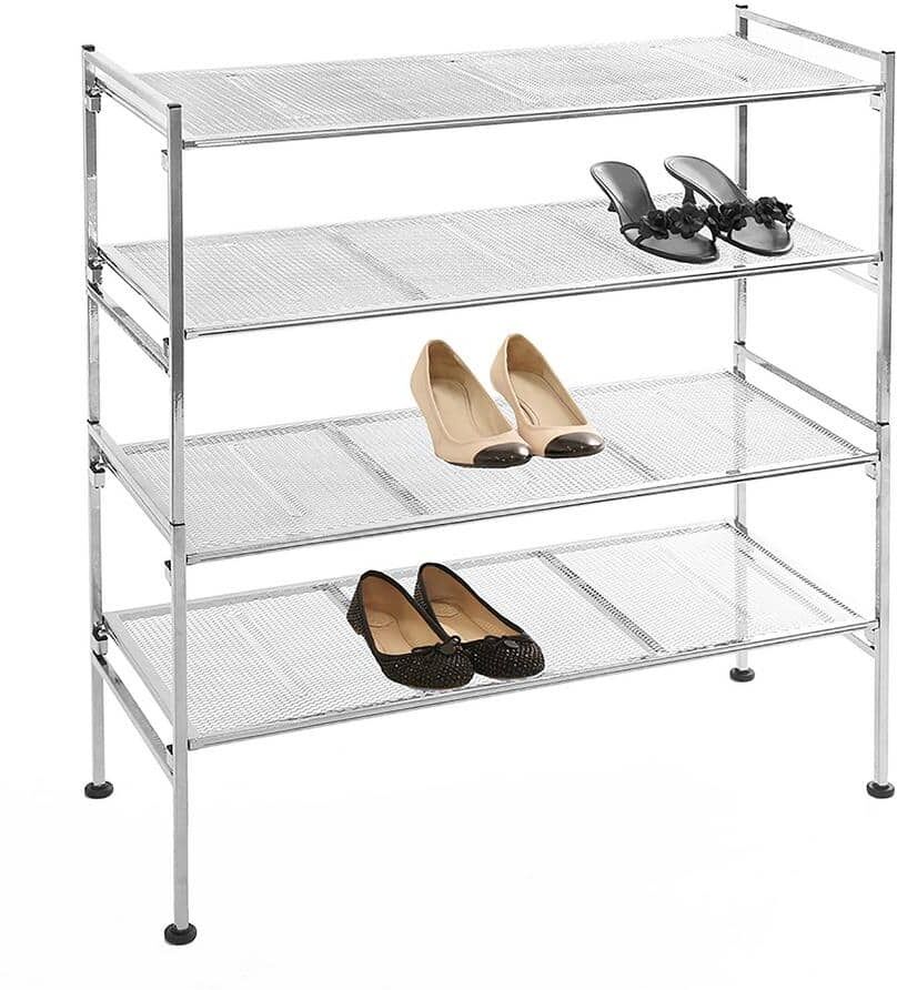 Seville Classics 31.1 in. H 15-Pair 4-Tier Silver Mesh Durable Metal Shoe Rack