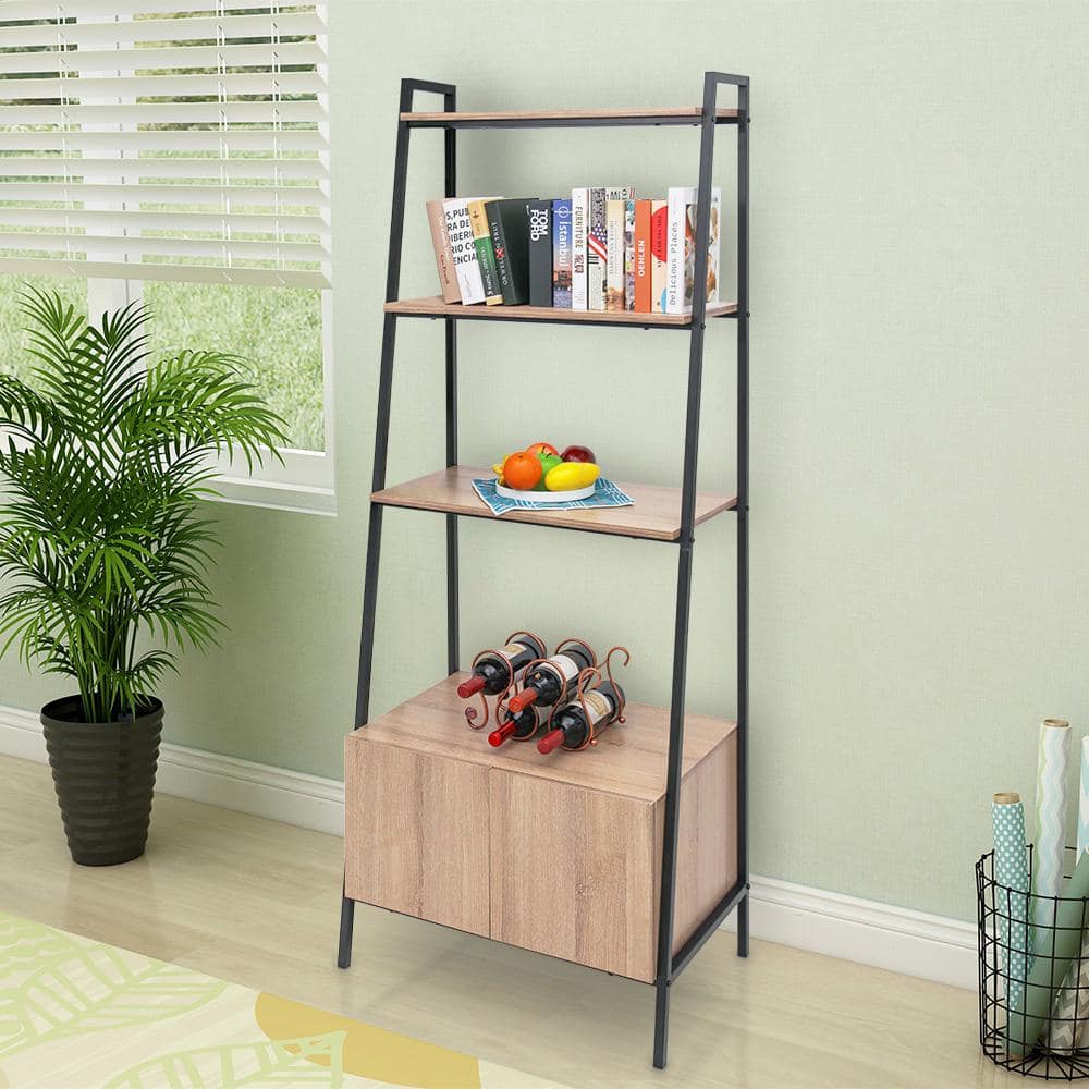 Maypex White Oak 4-Tier MDF Metal Book Case with Cabinet 4 of Tier Unit (28 in. W x 72 in. H x 17.5 in. D)