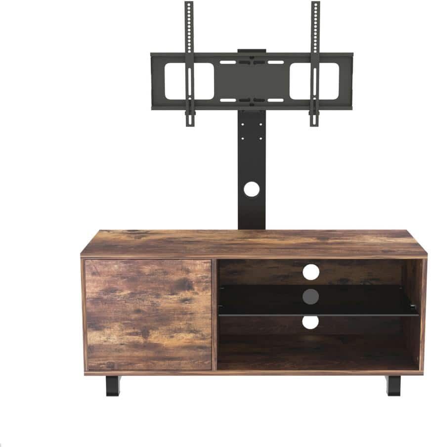 Brown TV Console with Push Open Storage Cabinet for TV up to 65 in. Wood and Glass TV Stand for Living Room Bedroom