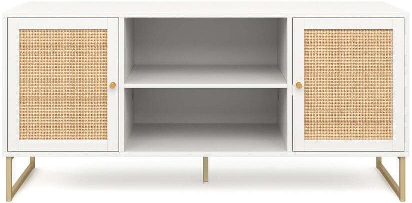 Nathan James Mina 47 in. White/Gold TV Stand Entertainment Cabinet Media Console with Rattan Storage Doors Fits TVs Up to 55 in.