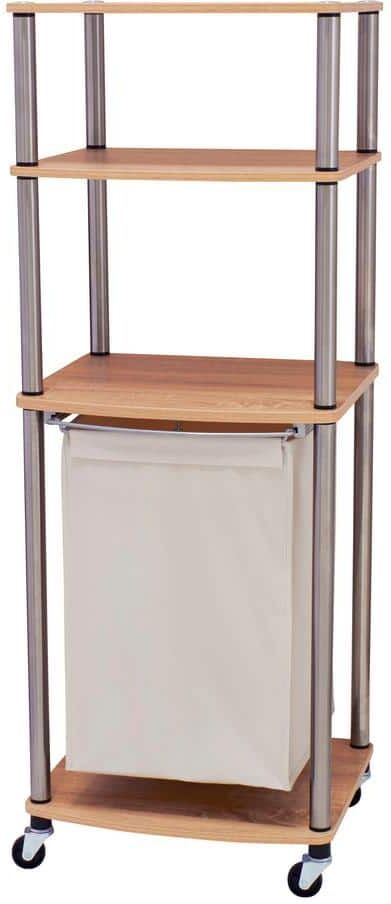 HOUSEHOLD ESSENTIALS Light Ash Laundry Hamper Storage Cart, 4 Load Capacity with 2 Storage Shelves and Wheels