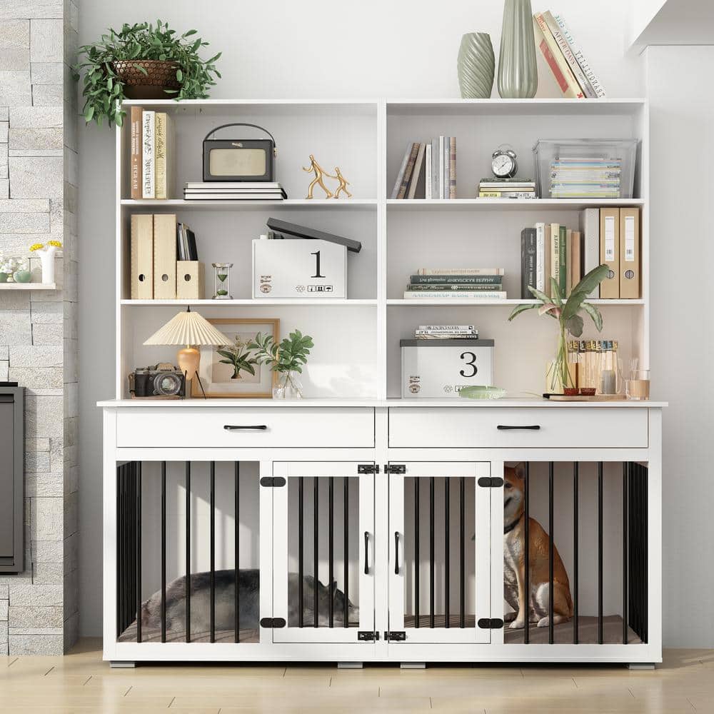 FUFU&GAGA Dog House Furniture Style Dog Crate Storage Cabinet, Indoor Wood 6-Shelf Bookcase Bookshelf with Large Dog Crate, White