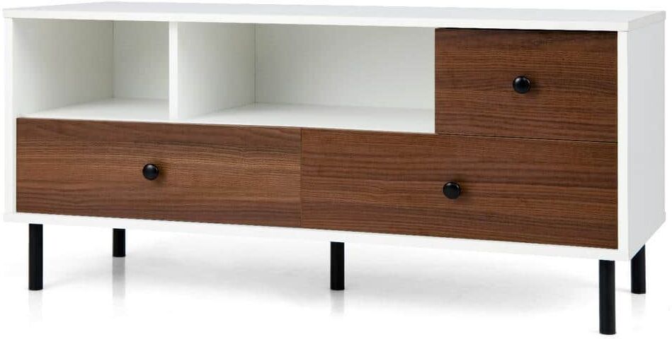 Costway White and Walnut Mid-Century TV Stand Fits Up To 50 in. Media Entertainment Center Console with 2-Cubbies and 3-Drawers