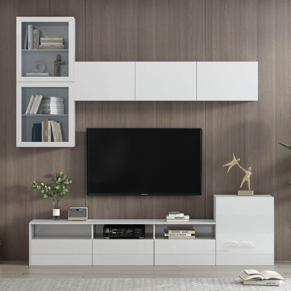 Harper & Bright Designs High Gloss White TV Stand Fits TVs up to 75 in., Versatile Entertainment Center with Wall Mounted Floating Cabinets