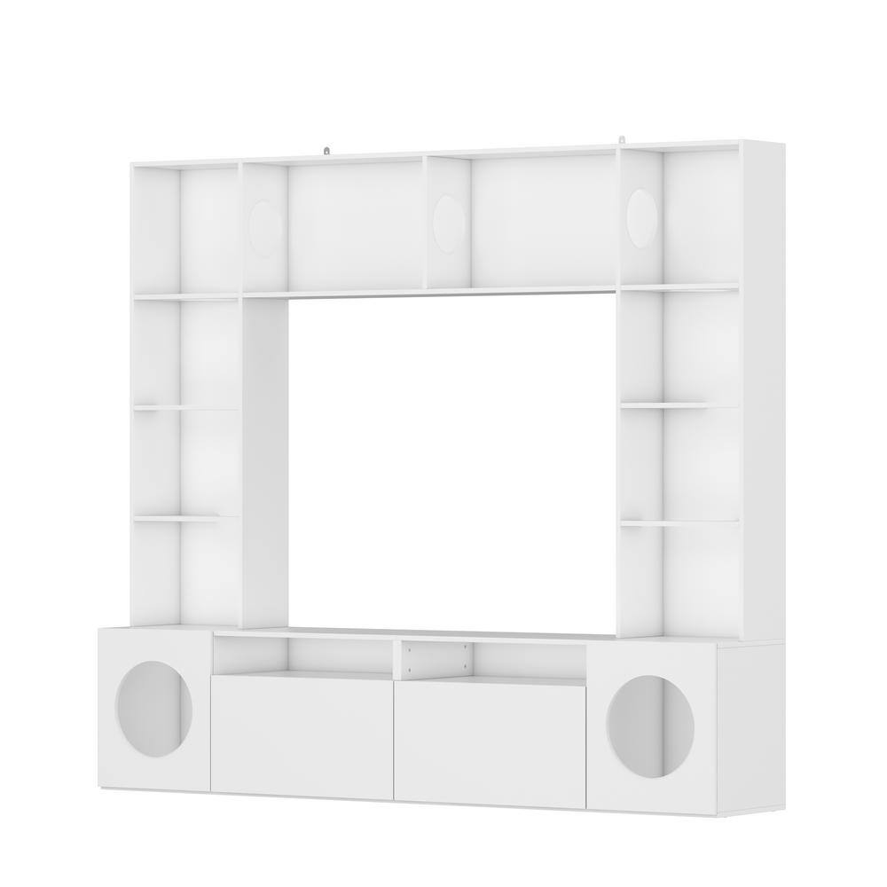 FUFU&GAGA White Wood Entertainment Center TV Stand Fits TV's up to 52 in. with Cat Cabinet, Top Shelves, Bookcase, Drawers