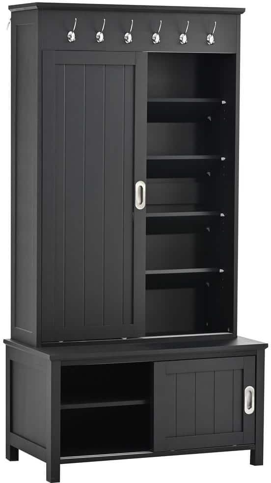 URTR Black Hall Tree with Sliding Doors, Wooden Hallway Shoe Cabinet with Storage Bench and Adjustable Shelves for Entryway