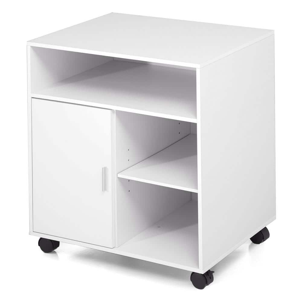 FITUEYES White Office Filing Cabinet with Door, Wood Mobile Printer Stand on Wheels for Storing File Folders