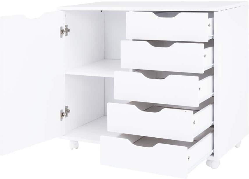 HOMESTOCK White, 5 -Drawer Wood Storage Dresser Cabinet with Shelves, Wheels, Craft Storage, Makeup -Drawer File Cabinet,