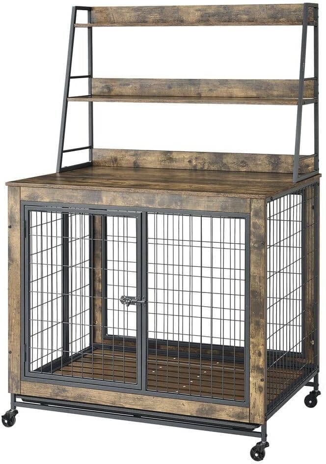 Mis cool Any 37.99 in. W Furniture Dog Cage Crate with Double Doors, Storage Rack, Flip-Top in Antique Brown