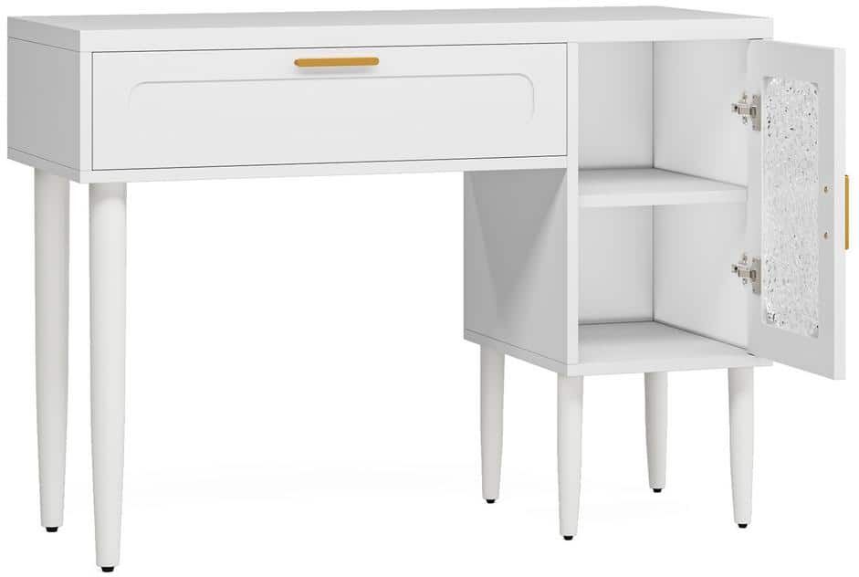 BYBLIGHT Helotes 1-Piece White Makeup Vanity Desk with Large Drawer and 2-Tier Storage Cabinet