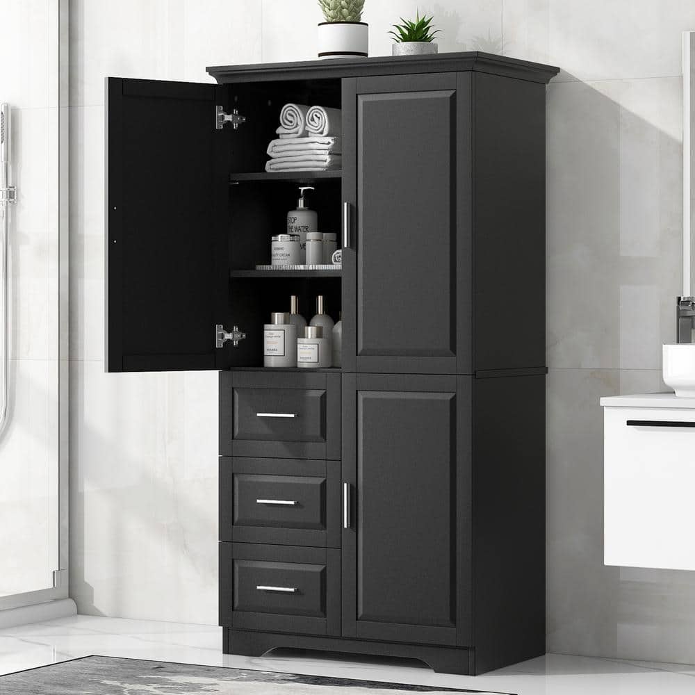 Modern 32.6 in. W x 19.6 in. D x 62.2 in. H Black Linen Cabinet Tall and Wide Floor Storage with Doors