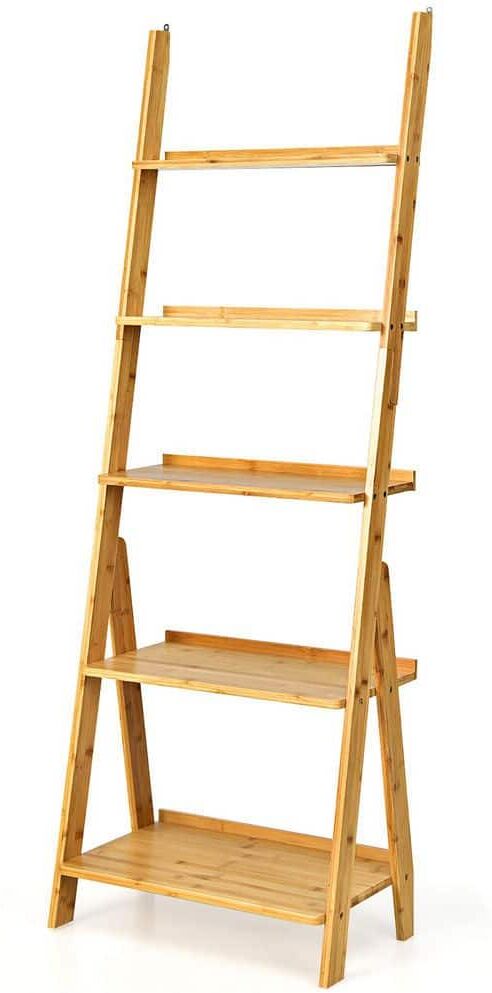 Costway 21 in. W 5-Tier Bamboo Ladder Shelf Bookshelf Display Storage Rack Flower Stand Natural