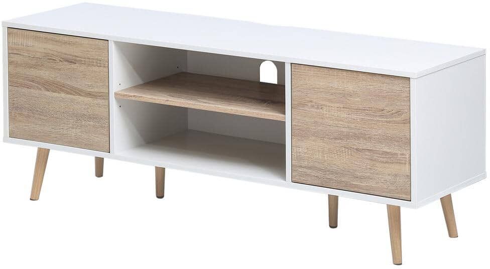 WAMPAT Mid Century 55 in. White and Oak TV Stand with Ajustable Shelf Fits TV's up to 60 in. with Cable Management