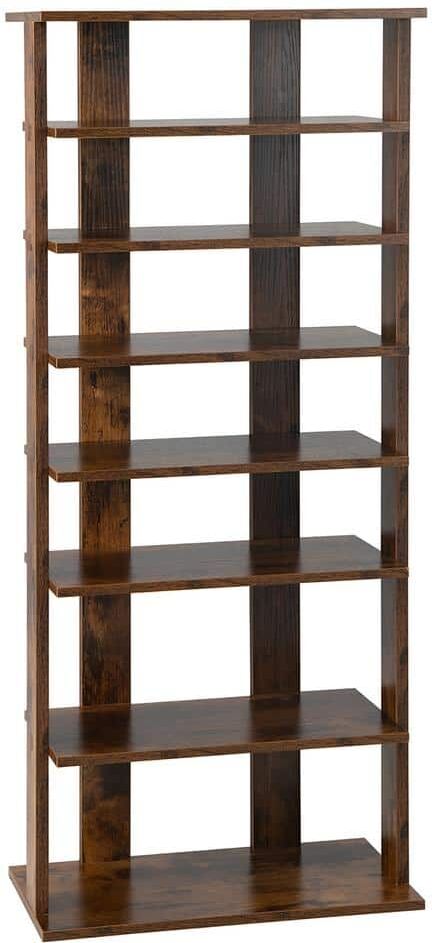 Costway 7-Tier 43.5 in. H 14-Pair Rustic Brown Double Rows Shoe Rack Vertical Wooden Shoe Storage Organizer Patented