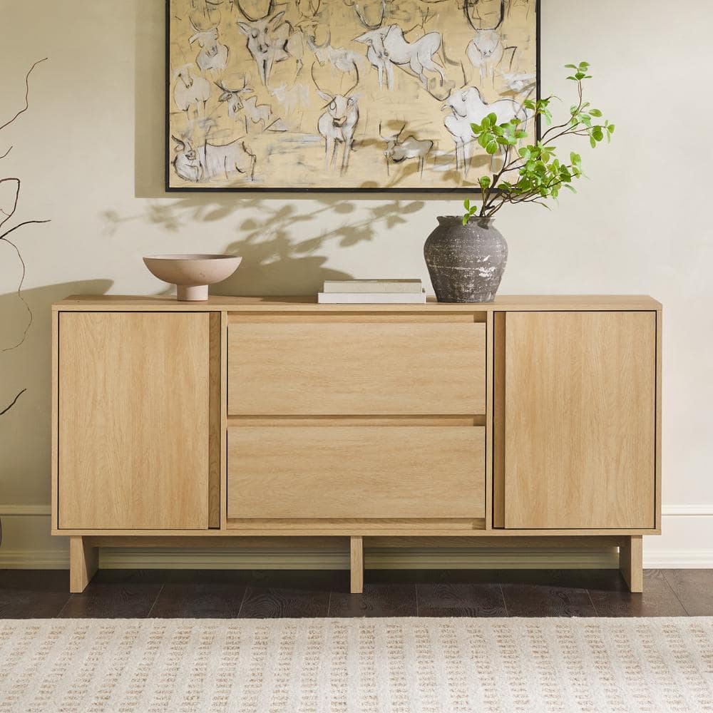 Welwick Designs Modern Coastal Oak Wood 63 in. Sideboard with Beveled Drawer Fronts