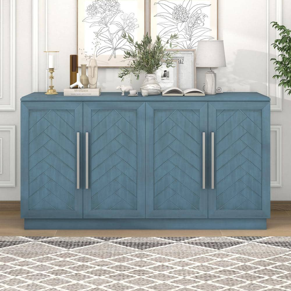 Harper & Bright Designs Antique Blue Wood 60 in. W Sideboard with Adjustable Shelves and Silver Handles, Large Storage Space Buffet Cabinet