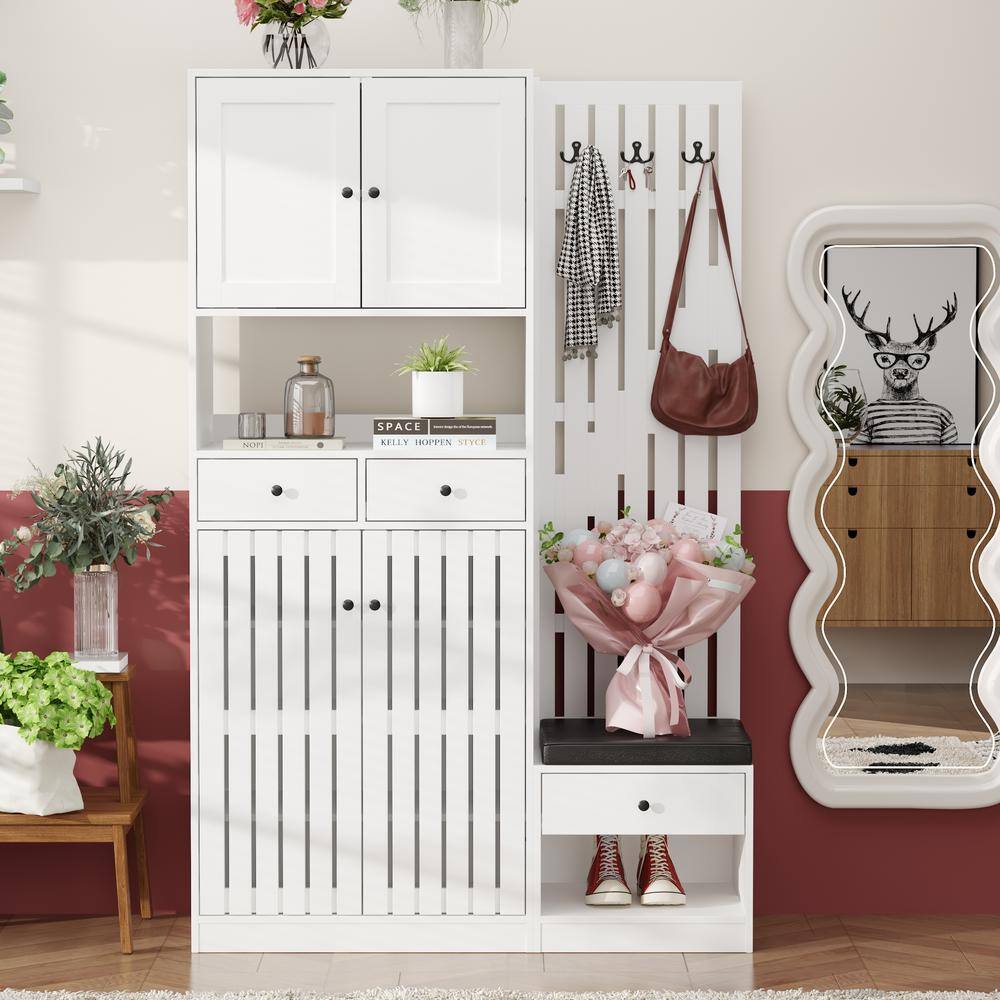 FUFU&GAGA 70.9 in. H x 45.3 in. W White Wooden High Shoe Storage Cabinet with-Drawers, Hutch, Bench and Coat Rack