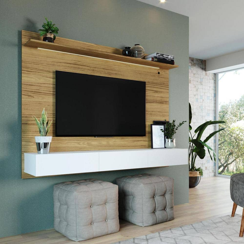 HOMESTOCK Natural Wall Mounted Floating Entertainment Center Fits TV up to 75 in., Home Theater with LED Strip, Pull-Out Drawers