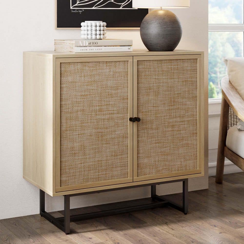 Nathan James Kova Light Oak/Black Accent Cabinet Natural Cane Rattan Doors with Black Metal Base and Adjustable Shelf