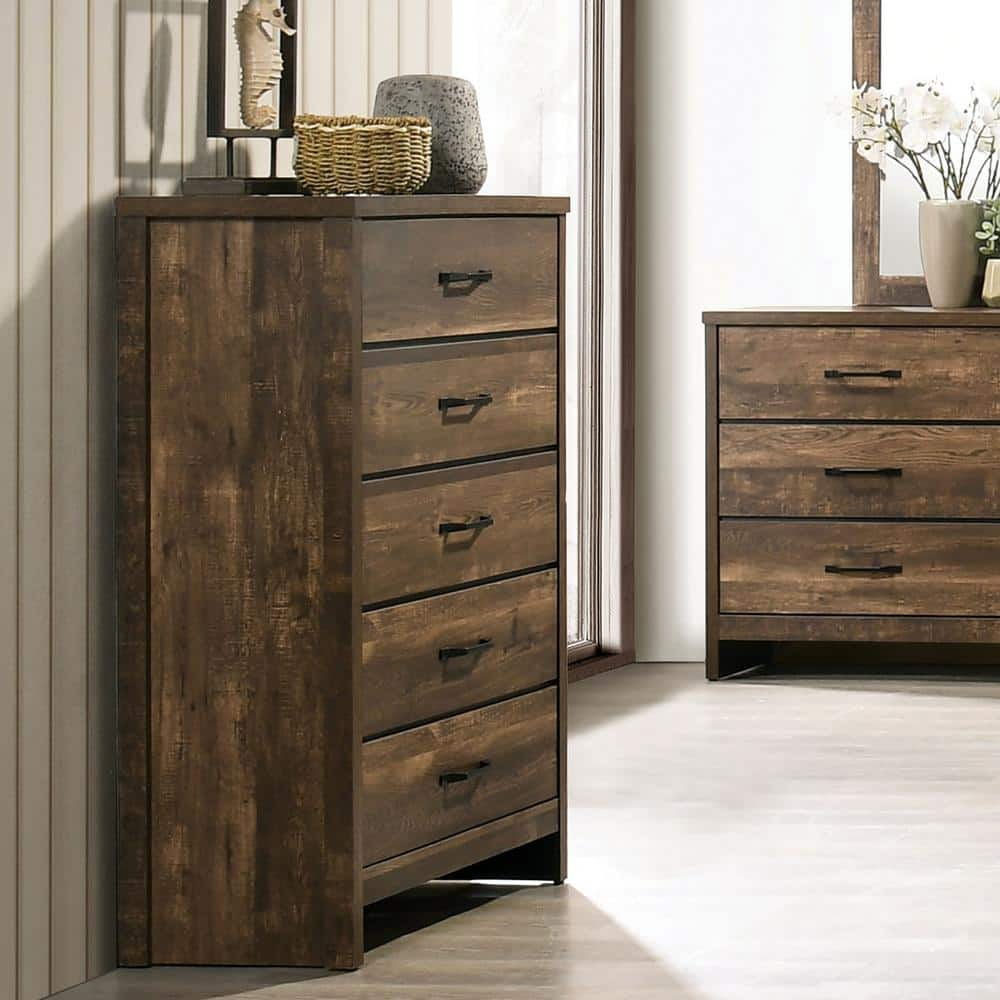 Furniture of America Olala 5-Drawer Light Walnut with Care Kit Chest of Drawers (46.88 in. H X 31.5 in. W X 15.5 in. D)