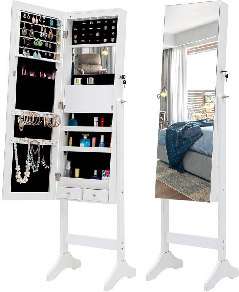 YOFE White Standing Mirror with Jewelry Storage Jewelry Armoire Cabinet with LED Lights 61.0 in. x 15.8 in. x 14.4 in.