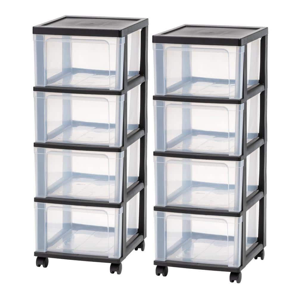 IRIS USA 4-Drawer Clear Plastic Storage Cart in Black 2-Pack (32.5 in. H x 12.5 in. W)